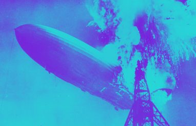 Hindenburg zeppelin explosion in a blue and purple filter