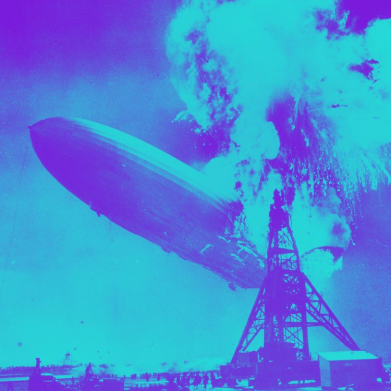 Hindenburg zeppelin explosion in a blue and purple filter