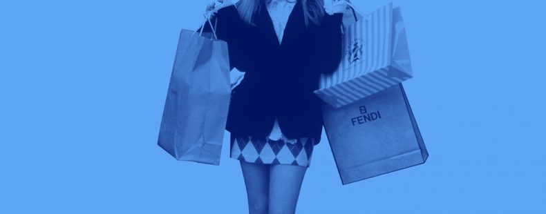Light blue background with Alicia Silverstone from the movie "Clueless" holding shopping bags