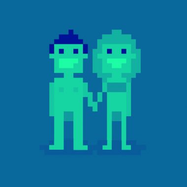 blue background with pixel people, a pixel man and woman holding hands