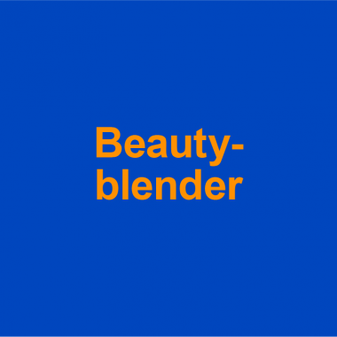 blue background with orange words, beauty-blender on it
