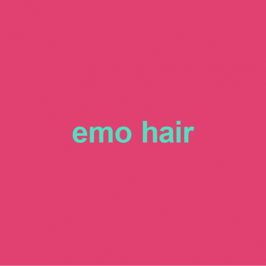pink background with green words emo hair on it