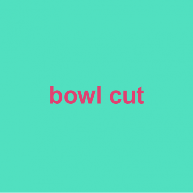 teal background with words bowl cut on it