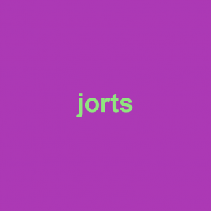 purple background with green words jorts on it