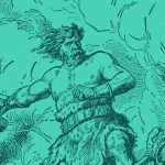 drawing of Norse god, Thor in green background