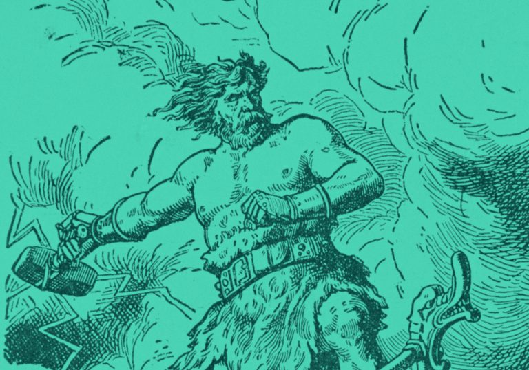 drawing of Norse god, Thor in green background
