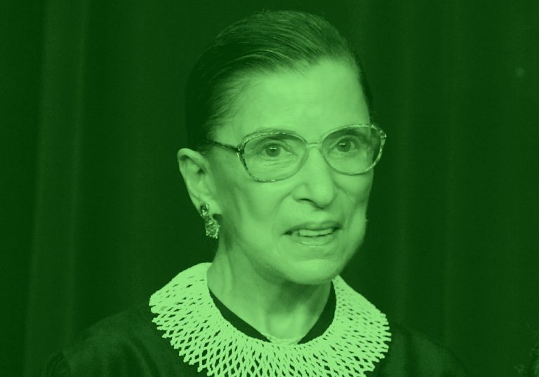 headshot of Supreme Court justice Ruth Bader Ginsburg, green filter.