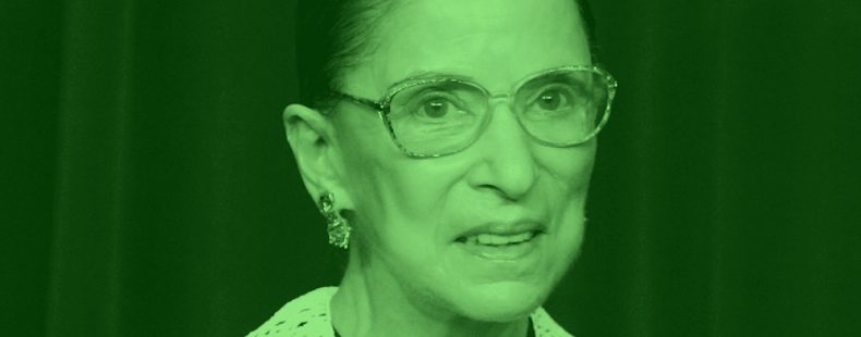 headshot of Supreme Court justice Ruth Bader Ginsburg, green filter.