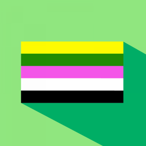 yellow, green, pink, white and black flag on green background