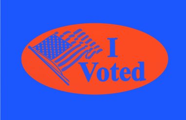 i voted sticker in red on dark blue background