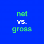 blue background with green and white text, net vs. gross