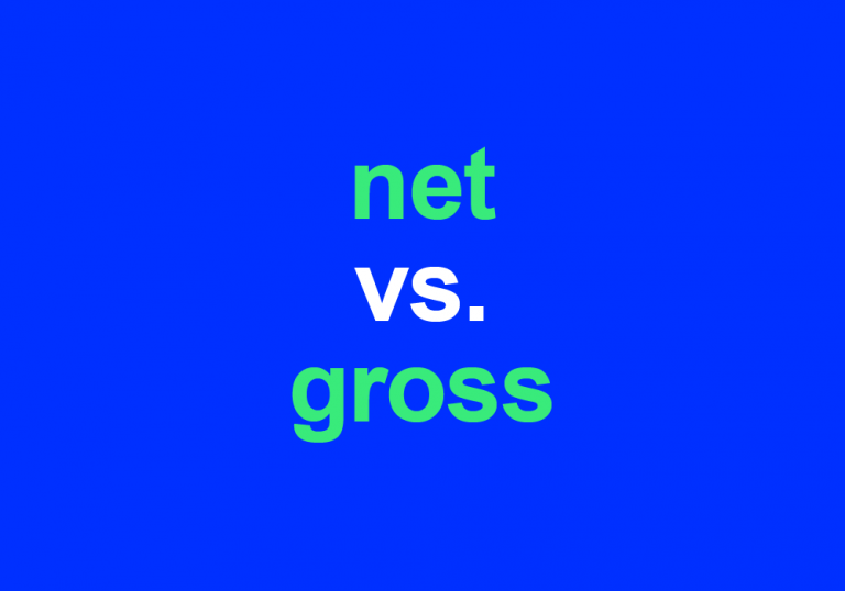 blue background with green and white text, net vs. gross