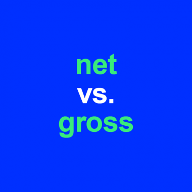 blue background with green and white text, net vs. gross