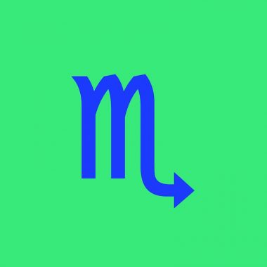 scorpio symbol in blue text on a green background