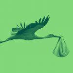 stork carrying a baby bundle, on a green background.