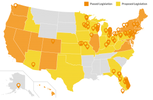 Map of the US showing states and municipalities in which legislation has been passed (orange) or proposed (yellow) to protect LGBTQ youth from conversion therapy.