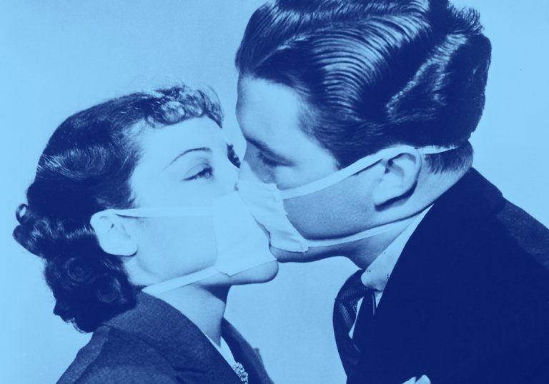man and woman with masks on and kissing, blue filter