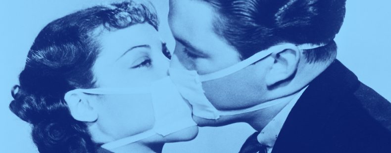 man and woman with masks on and kissing, blue filter