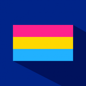 Black background with illustration of the pansexual flag (pink, yellow and blue stripes)