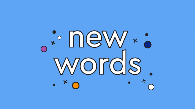 white text with black border on light blue background and stars and circles floating around: "new words"