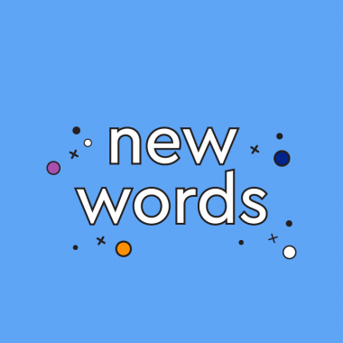 white text with black border on light blue background and stars and circles floating around: "new words"