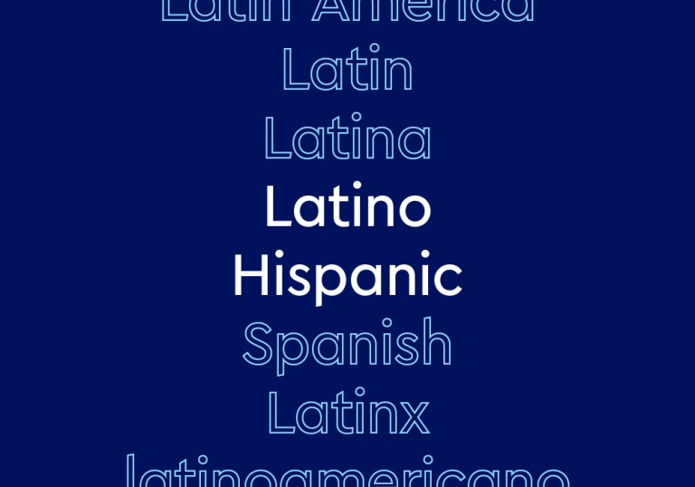 dark blue background with blue and white text, Latino and Hispanic