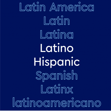 dark blue background with blue and white text, Latino and Hispanic