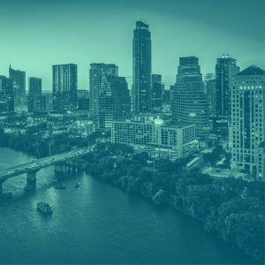 view of Austin skyline, teal filter.