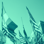 flags of many countries including USA and Italy hoisted in the air, teal filter.