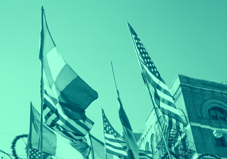 flags of many countries including USA and Italy hoisted in the air, teal filter.