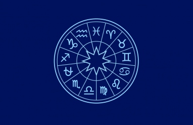 circular zodiac chart with symbols, blue.