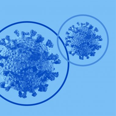 2 coronaviruses intersecting, blue filter.