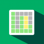 wordle game grid with black, yellow, and green boxes, on green background.