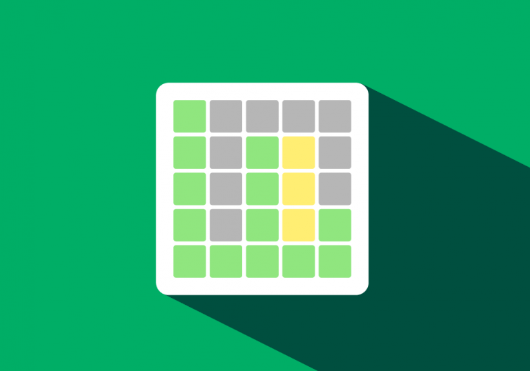 wordle game grid with black, yellow, and green boxes, on green background.