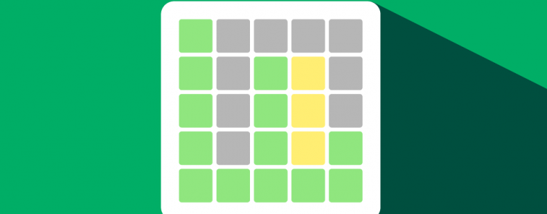 wordle game grid with black, yellow, and green boxes, on green background.