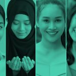 Close up of 4 diverse women, green filter.