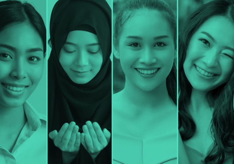 Close up of 4 diverse women, green filter.