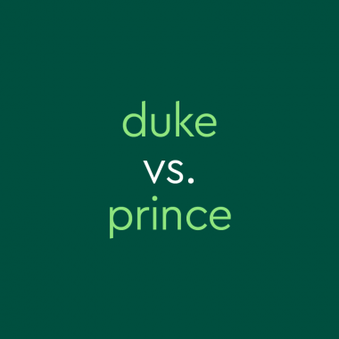 light green text on dark green background: "duke vs. prince"