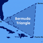 Bermuda Triangle region outlined on a map, in blue.