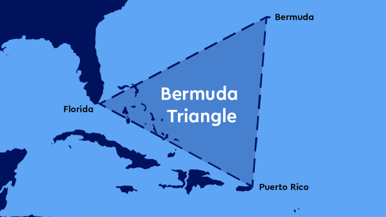 Bermuda Triangle region outlined on a map, in blue.