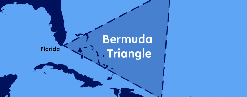 Bermuda Triangle region outlined on a map, in blue.