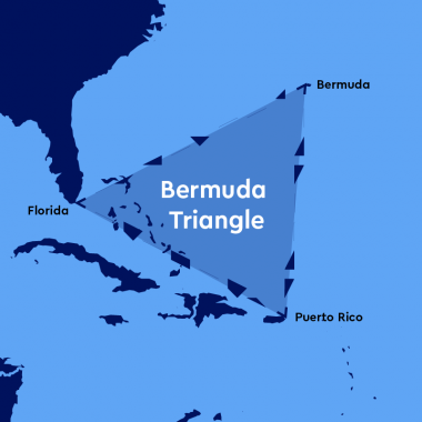 Bermuda Triangle region outlined on a map, in blue.