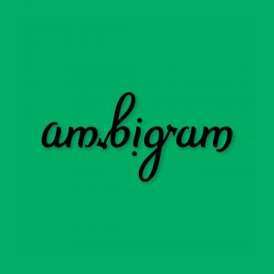 black stylized cursive font on green background: "ambigram"
