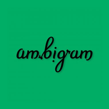black stylized cursive font on green background: "ambigram"