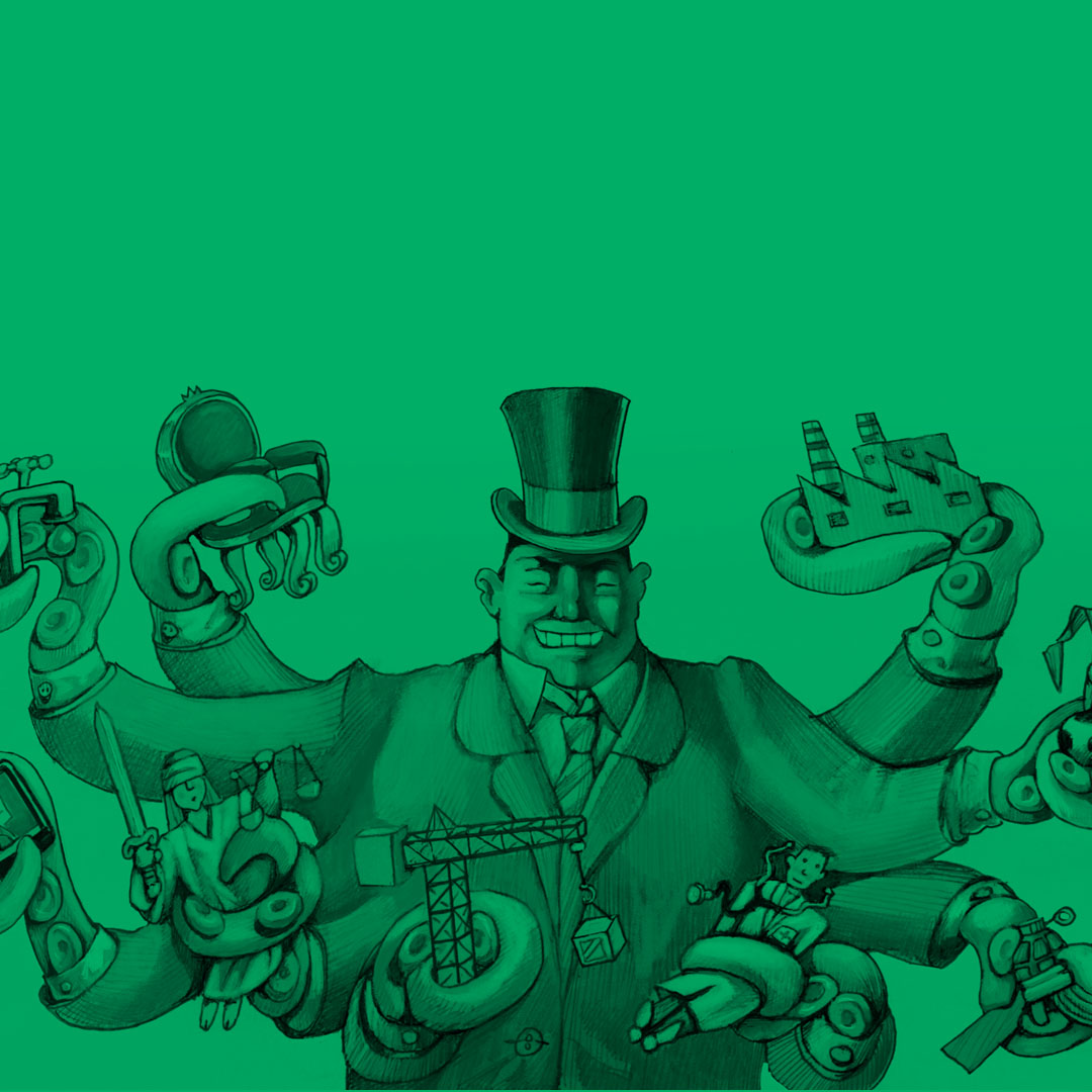 illustration of man in top hat and business suit with multiple tentacle arms wrapped around items representing wealth