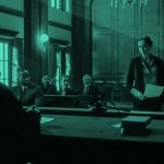 female lawyer speaking to judge in a courtroom, teal filter.