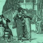 artwork of women in early 1800s promenading, titled "Beaux And Belles Of The Regency Period" by Henry Gillard Glindoni in teal filter.