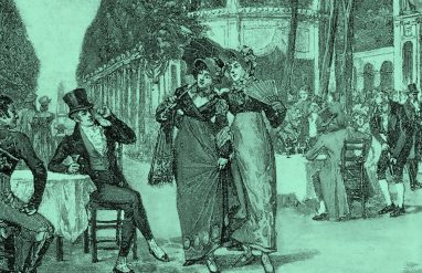 artwork of women in early 1800s promenading, titled "Beaux And Belles Of The Regency Period" by Henry Gillard Glindoni in teal filter.