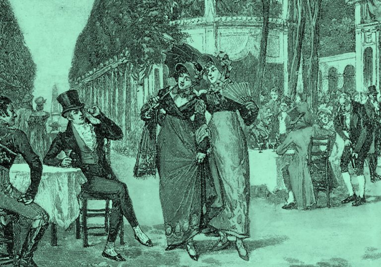 artwork of women in early 1800s promenading, titled "Beaux And Belles Of The Regency Period" by Henry Gillard Glindoni in teal filter.