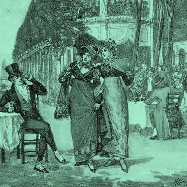 artwork of women in early 1800s promenading, titled "Beaux And Belles Of The Regency Period" by Henry Gillard Glindoni in teal filter.